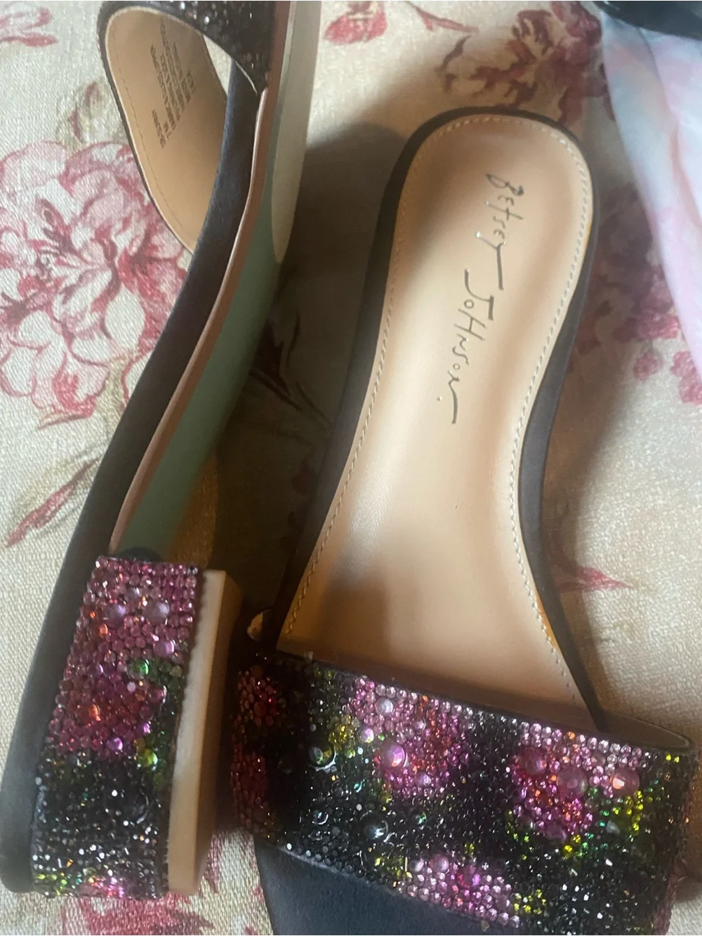 Betsey Johnson Black Slide Sandals with Multicolor Rhinestone Floral Accents